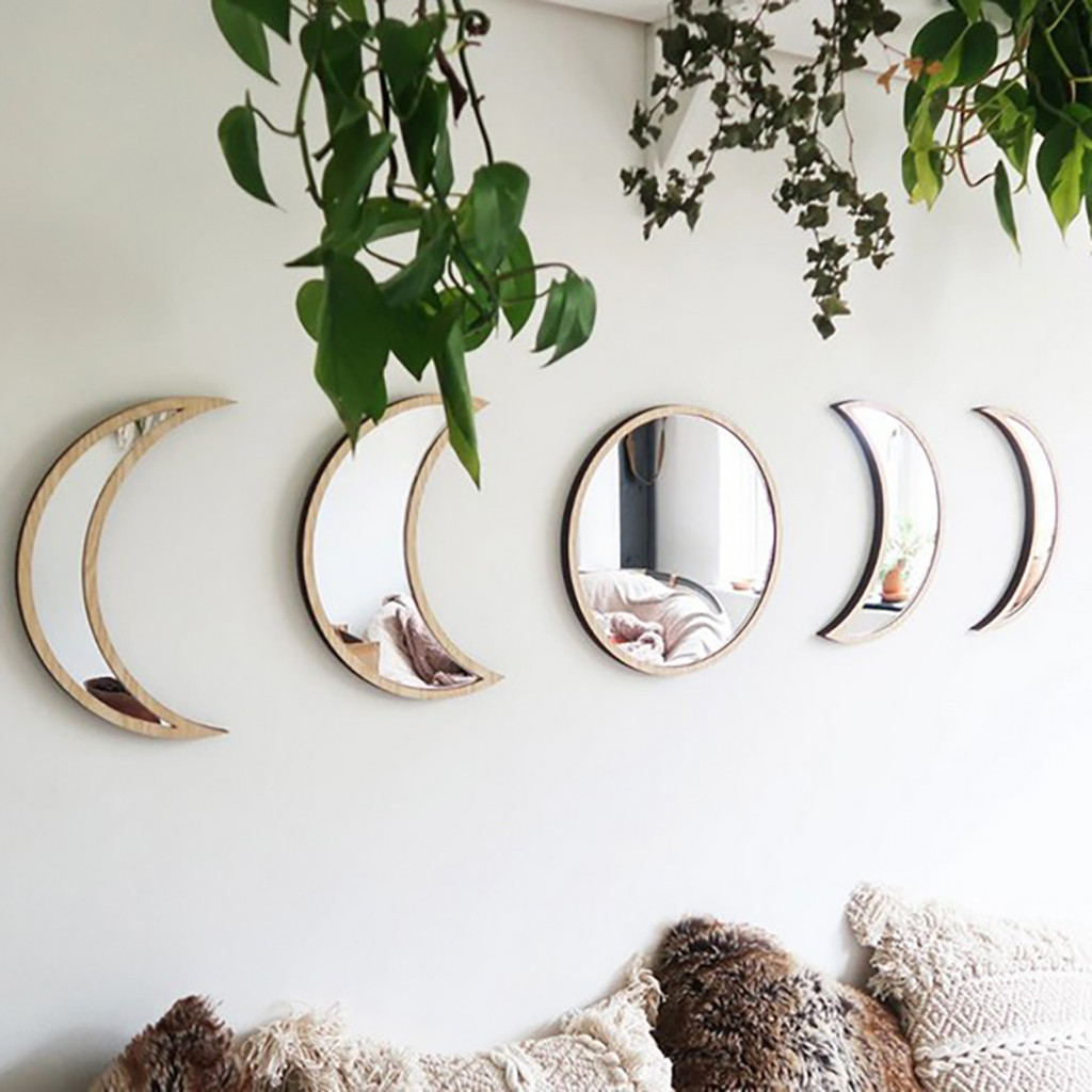 Moon Phase Mirror Decorative Mirror Nordic Style Mirror Wooden Wall Stickers 