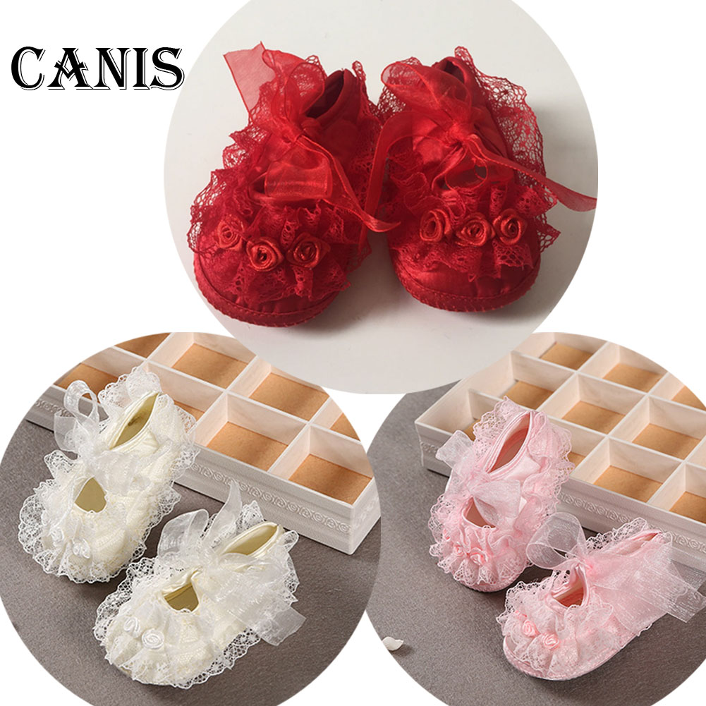 Newborn Infant Baby Girl Soft Crib Sole Lace Floral Riband Non-slip Ballet Shoes