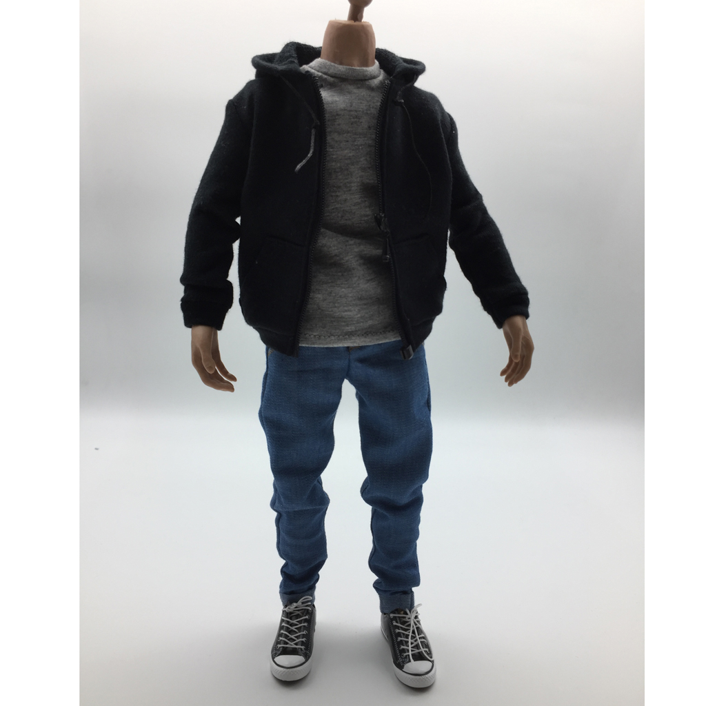 Action Figure 1/6 Outfits Schwarzer Hoodie Tee Jeans Canvas Schuhe 12in 