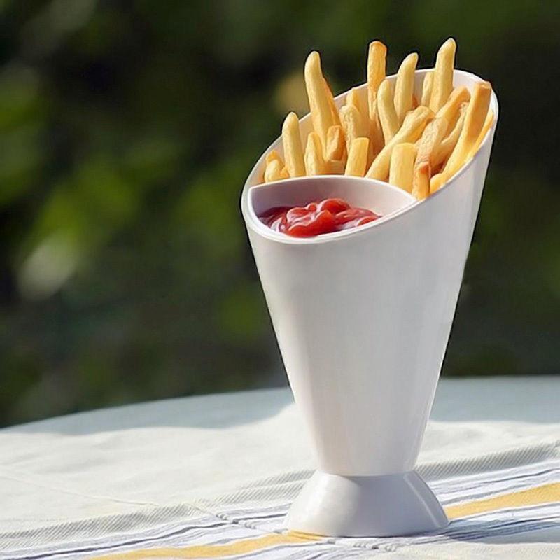 Kitchen Serving Tool Snack Cone Stand + Dip Holder For Chips Finger Food Sauce White