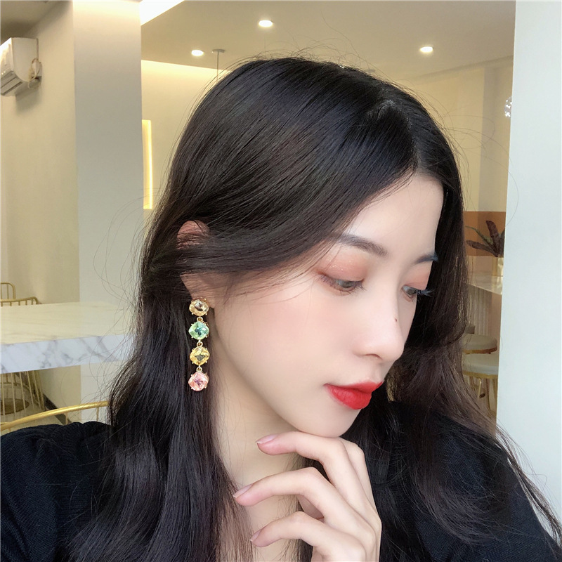 韓国iu高級カラフルなピンクグリーンクリスタルクリップイヤリング透明ガラス石ロングクリップイヤリングなしピアス女性 Clip Earrings Aliexpress