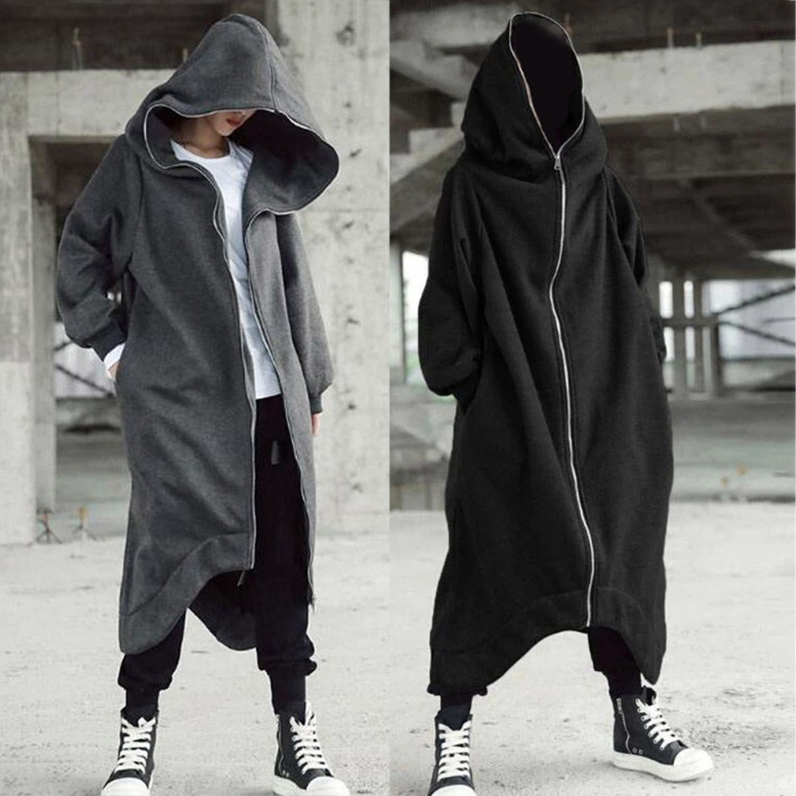 Casual unisex long sleeve hooded zipper solid nazgul long coat Clearance