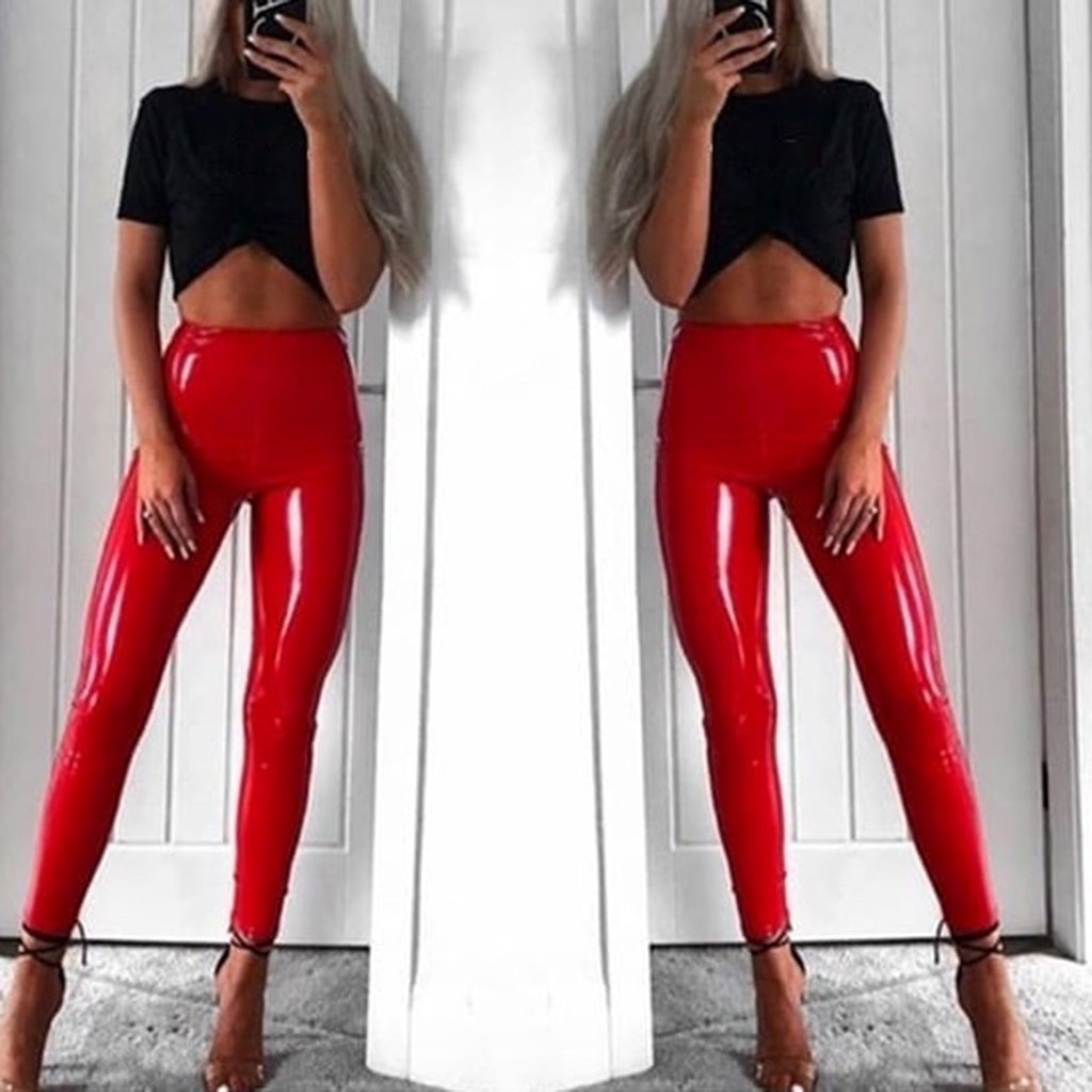 ladies red leather trousers