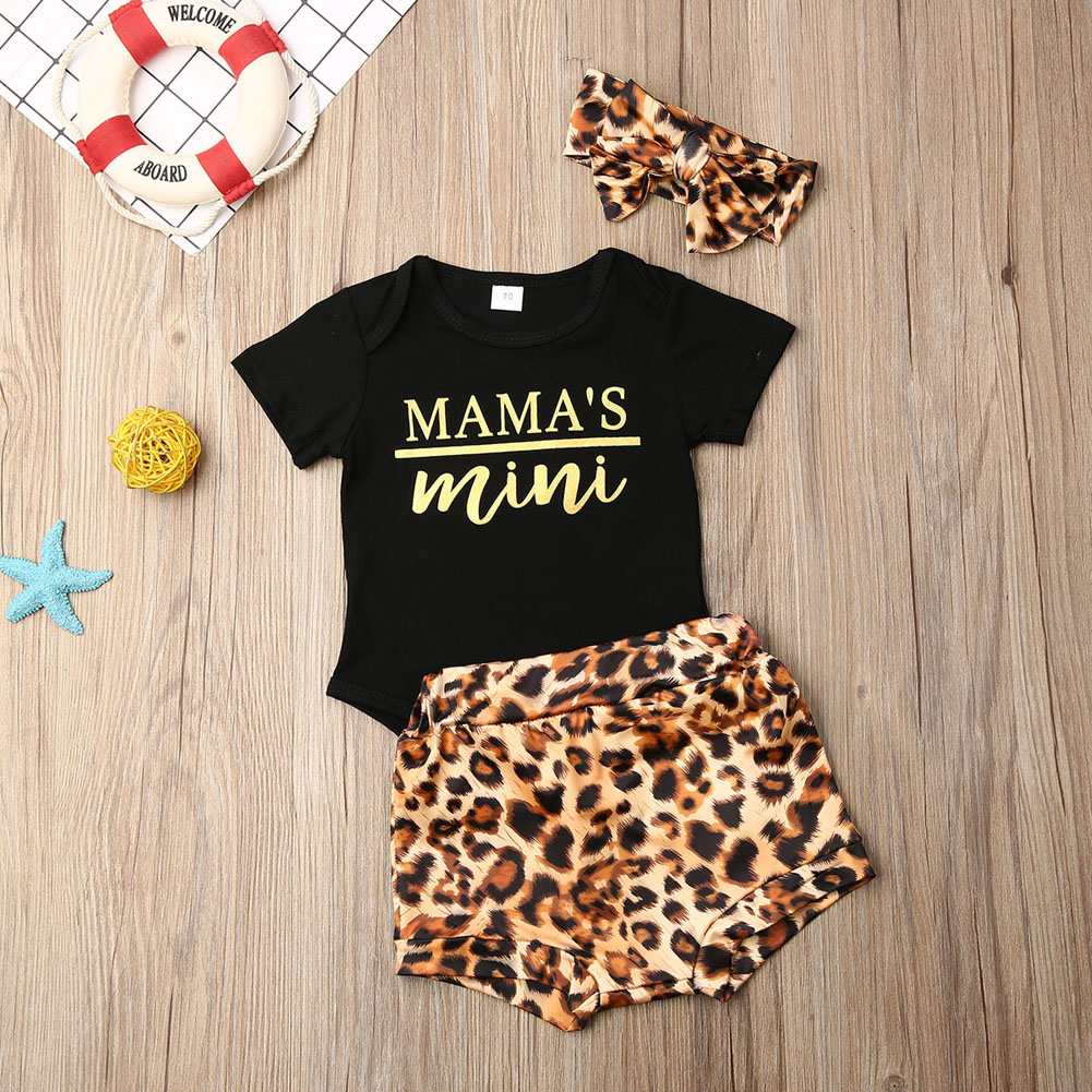 Newborn Infant Baby Girl Solid Romper Bodytsuit+Leopard Print Shorts Set Outfits 