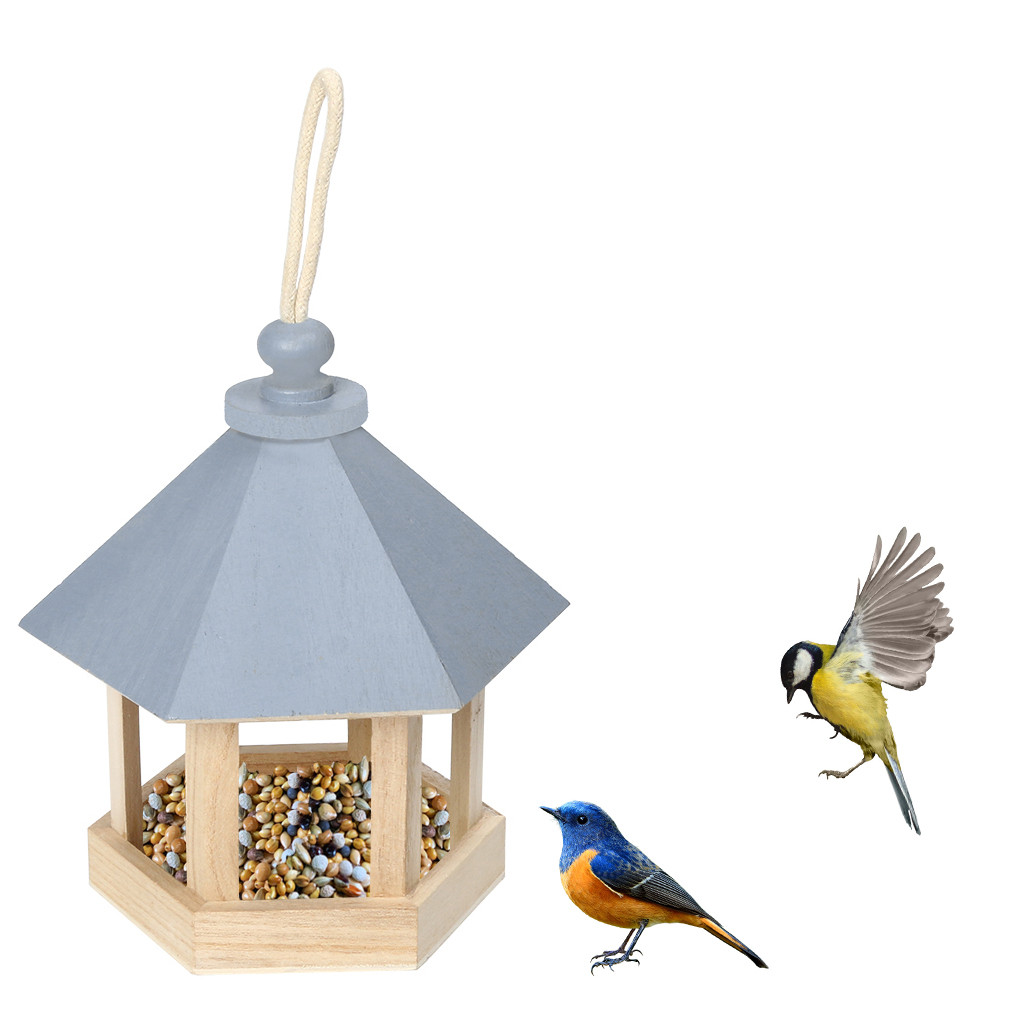 Mangiatoia per uccelli in legno Tipo Appeso Outdoor Pet Uccello Sementi Alimentatore Albero Giardino Snacks Secchio Titolare Alimentatore per Uccelli Stazione di Alimentazione 