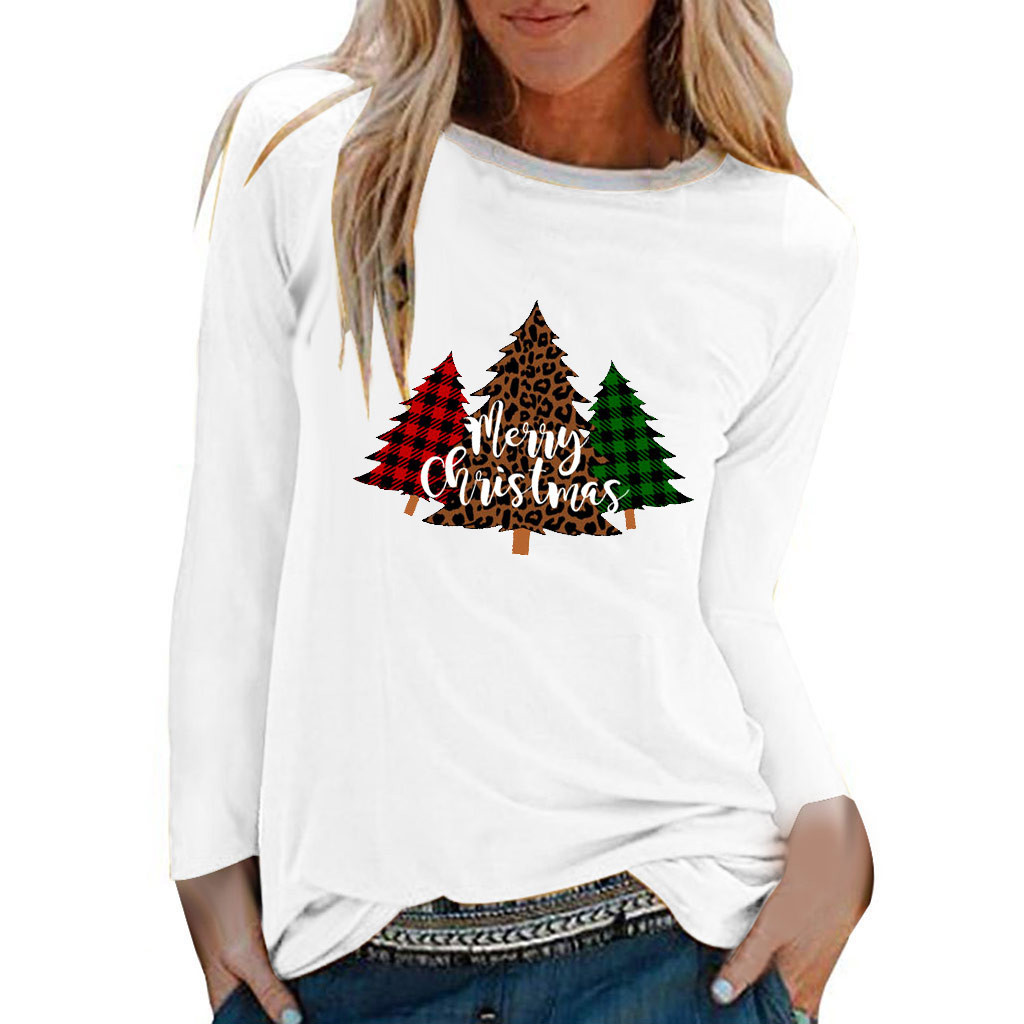 Women Christmas Print Shirt Color Patchwork Tops Hooded Pullover Blouse T-Shirts