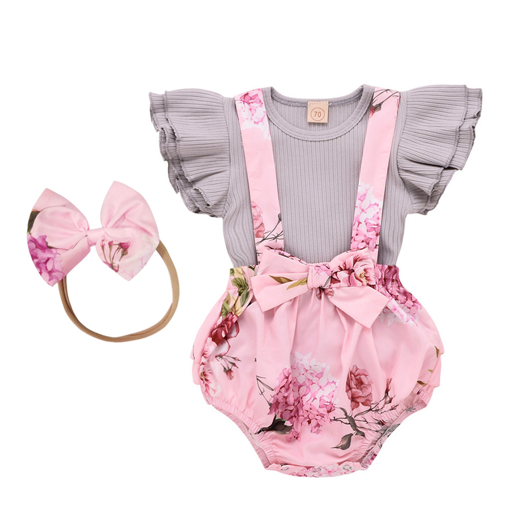 Infant Baby Girls Off Shoulder Flower Rose Striped Top+Short Outfit Set H4