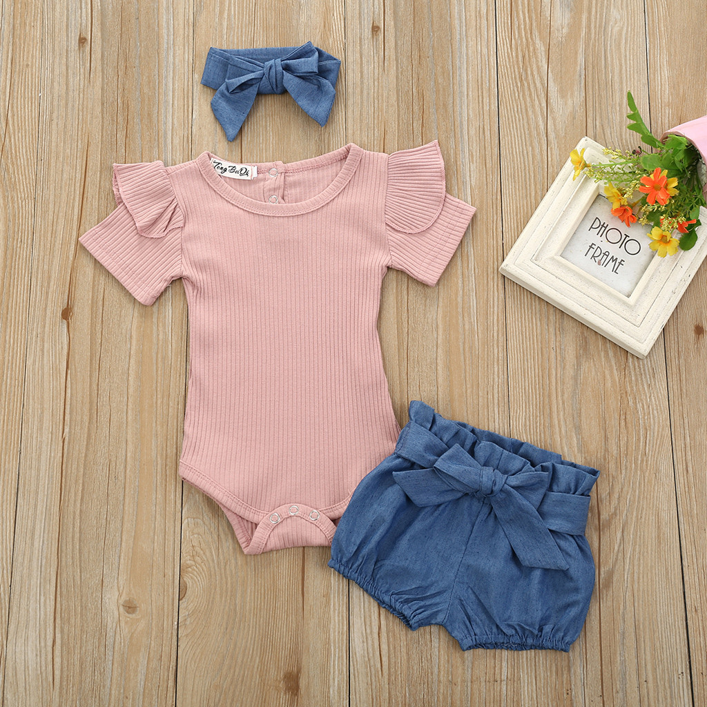 Newborn Baby Girls Knitted Shorts Set Cotton Ruffle Romper+Floral Shorts+Headband Summer 3Pcs Clothes Set