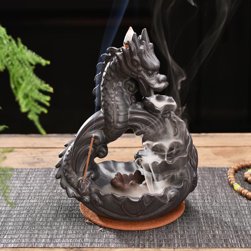 Porcelain Backflow Ceramic Dragon Cone Incense Burner Holder for Meditation 