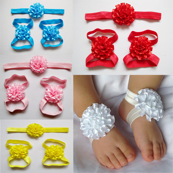 Baby Girls Barefoot Sandals Lace Foot Flower Silver Shoes Headband Coral Pink