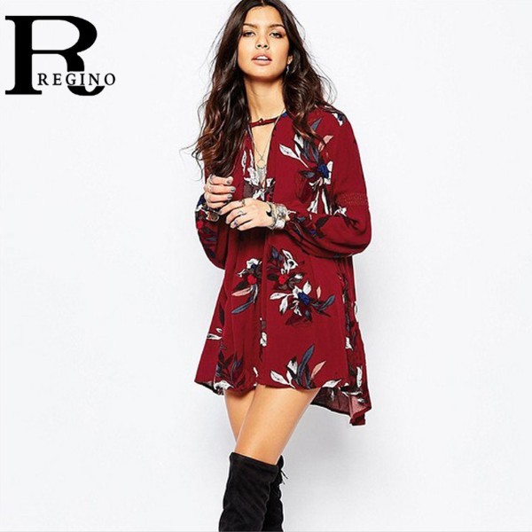 Regino женская одежда онлайн мода магазин старинные цветочный принт V шеи с длинным рукавом выдалбливают свободный свободного покроя шифоновое платье