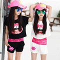 Girls Clothes 2016 Summer Lipstick Print Kids Clothes Tracksuit Lace T shirt Vest Short Pants Suit