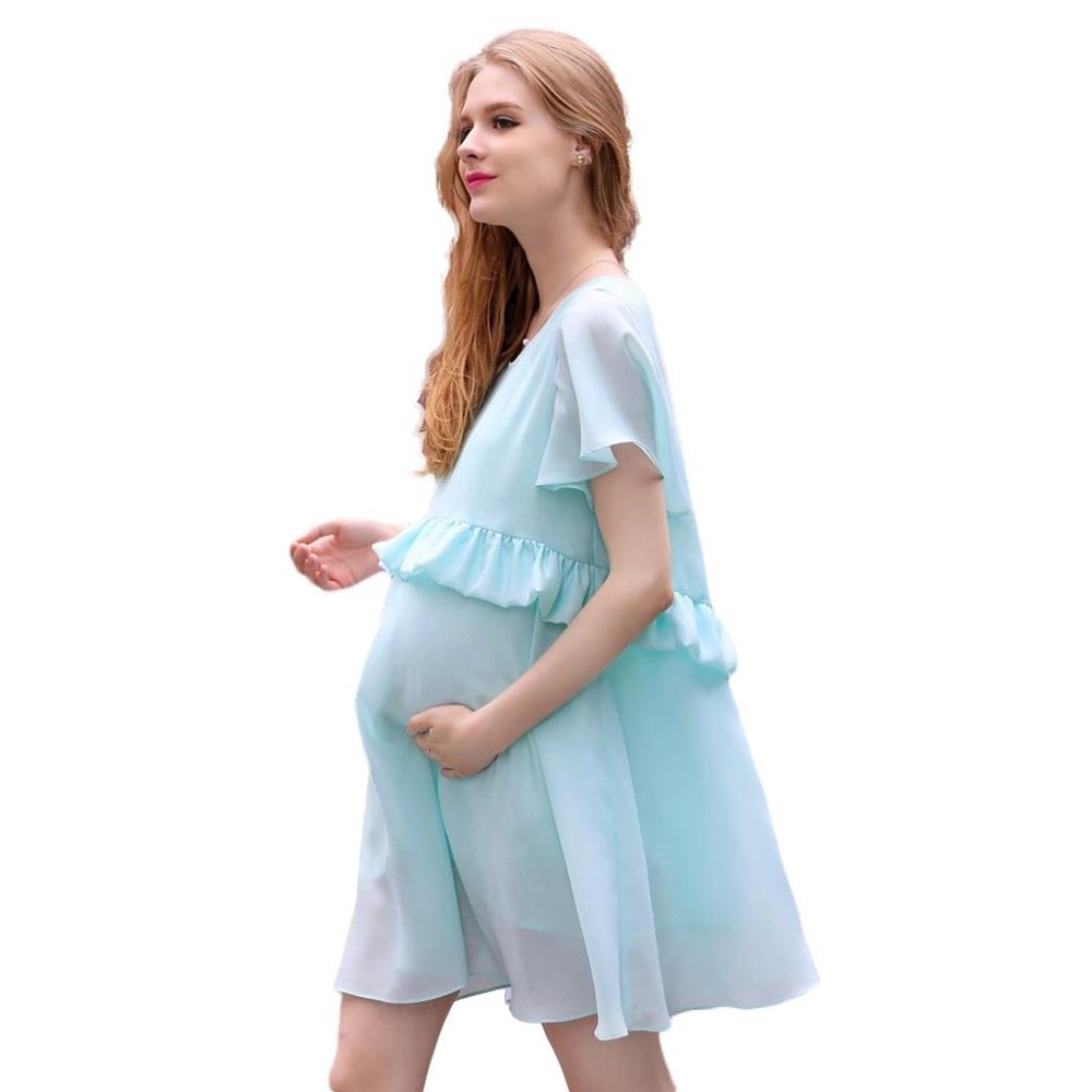 2016 Summer Style font b Maternity b font Dress Short Sleeve Boat neck Ruffles Fashion Chiffon