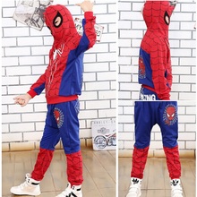 New 2015 Spring Autumn Children Boys Clothing Sets Kids Cartoon Printed Coat Spiderman Hoodie Casual Clothes Suit Free Delivery