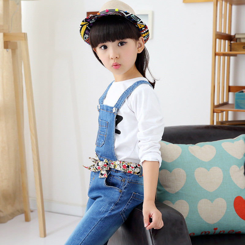 Autumn Spring Korean Style Jeans Baby Girls Clothes Children Denim Overalls Girls Fashion Salopette with Belt (7)