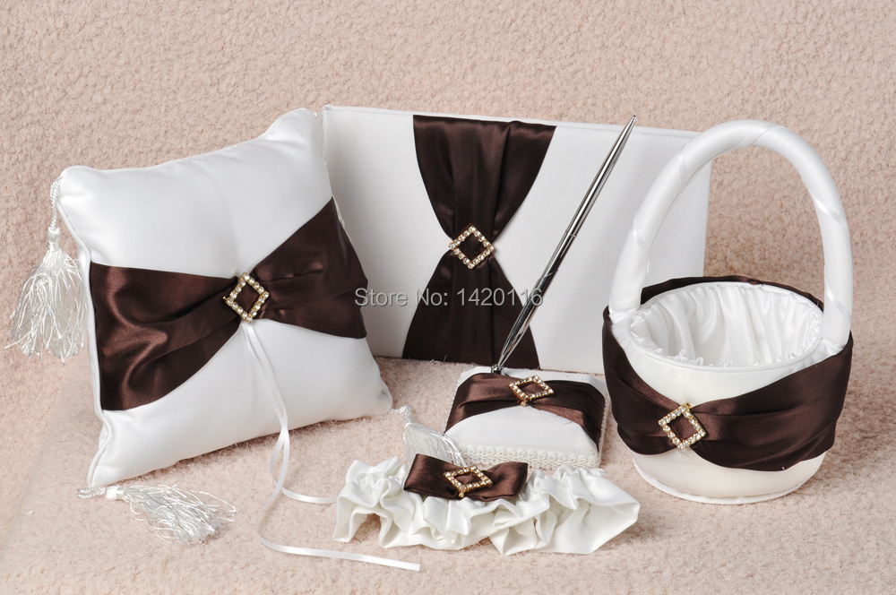 5Pcs/Set  Dark Brown&White Crystal Wedding Guest Book and Pen Set Ring Pillow Flower Basket Garter GB30