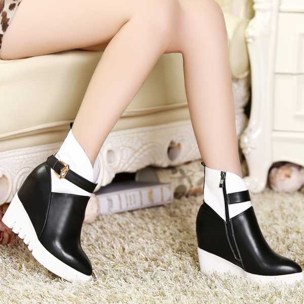 Фотография 2015 Novelty Zipper Buckle Height Increasing Pointed Toe Mixed Colors Black White Real Leather Mid-Calf Boots Women Warm Shoes