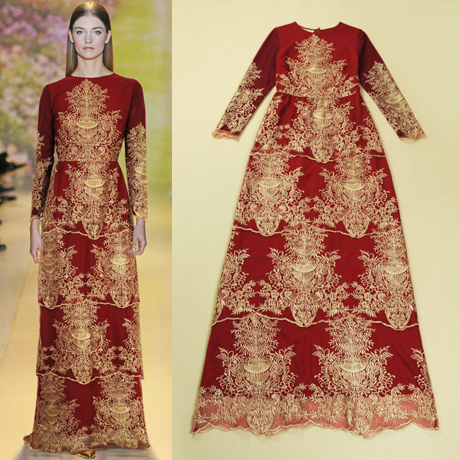 2015 Free Shipping Runway Stunning Noble Embroidery Flower O-Neck Long-sleeve Patchwork Big Bottom Silk Full Dress