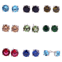 New Fashion Round Cut Shinning Multi Color Stone Jewelry 925 Silver Women Stud Earrings Apollonian Style Whlesale Free Shipping