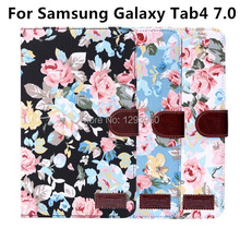for samsung galaxy tab4 7.0 tablet pu leather flower case with card slot and stand holder free shipping