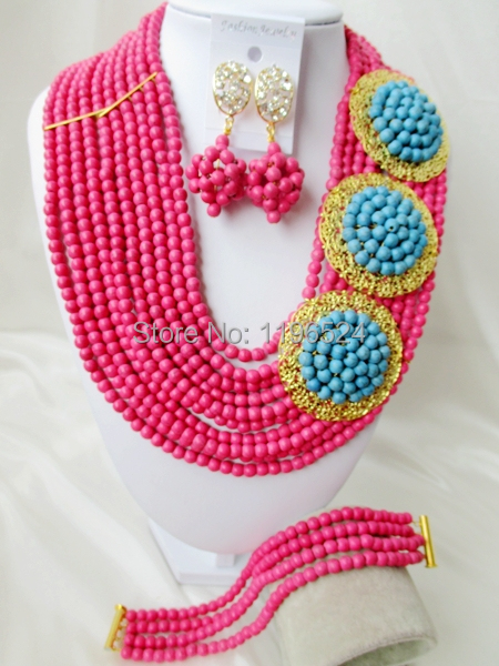 Luxury    Stone  Necklaces Bracelet Earrings African Nigerian Wedding Beads Jewelry Set  A-8815
