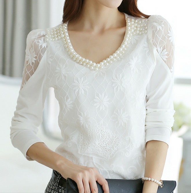 new arrival women Bright Bead V-neck lace shirt bl...