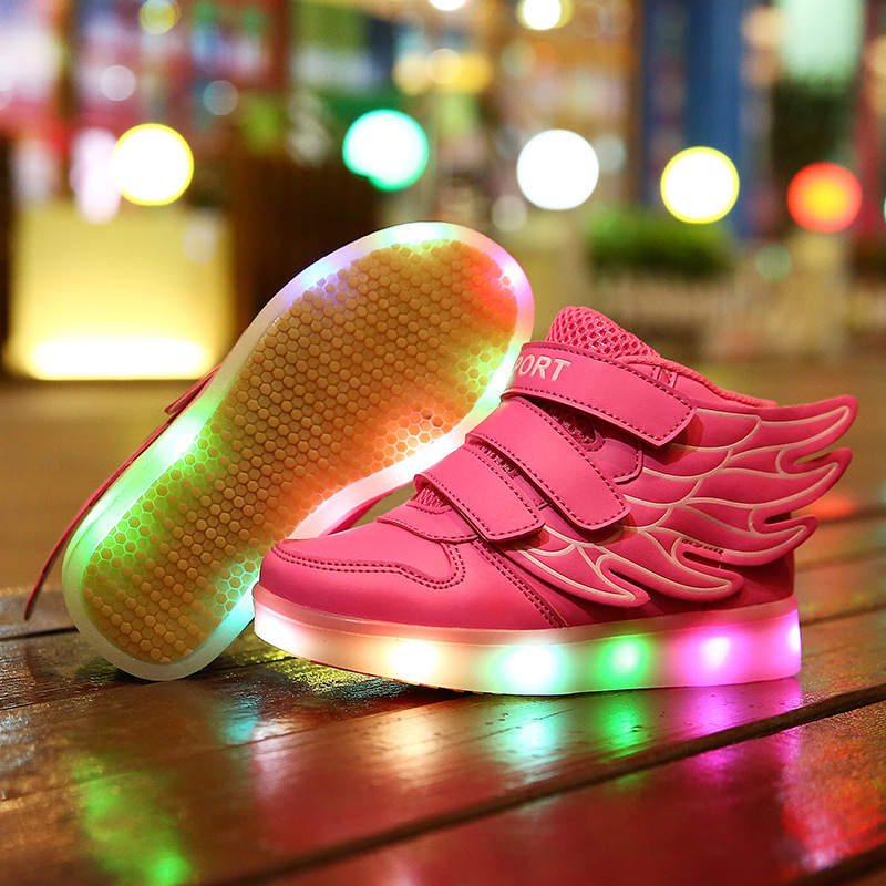 Top high quality 2015 New Children Led Shoes Boy Girl Fashion Led Light Sneakers Kids Baby Brand Sport Shoes angel wing 4 colors