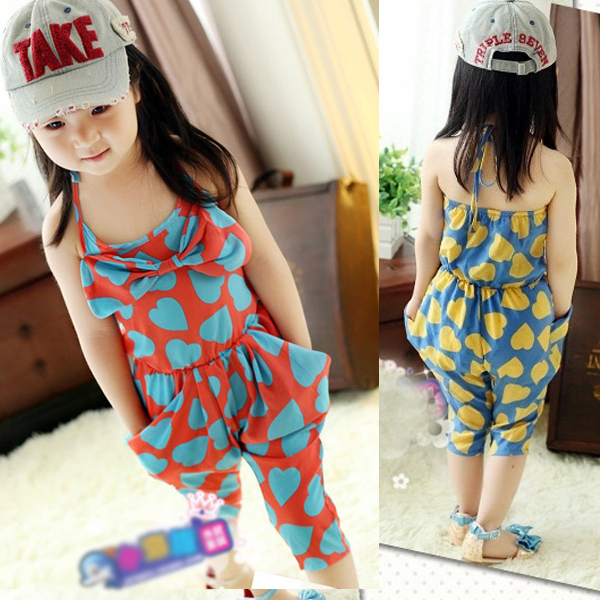 Kids Clothing Sets Chiffon Heart Pattern One Peice Jumpsuit Cropped Trousers 2 7Y