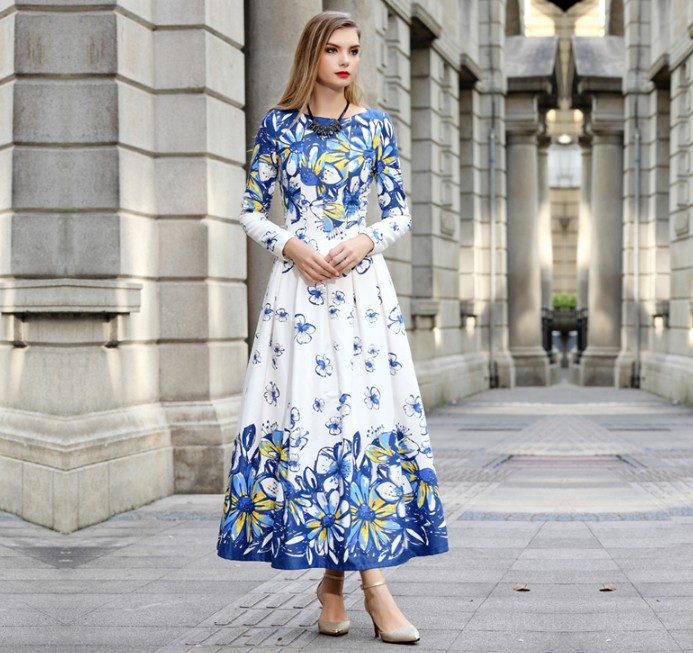 2016 new fashion blue floral print long dress women's elegant O neck full sleeve maxi dress plus size XXXL slim autumn dress