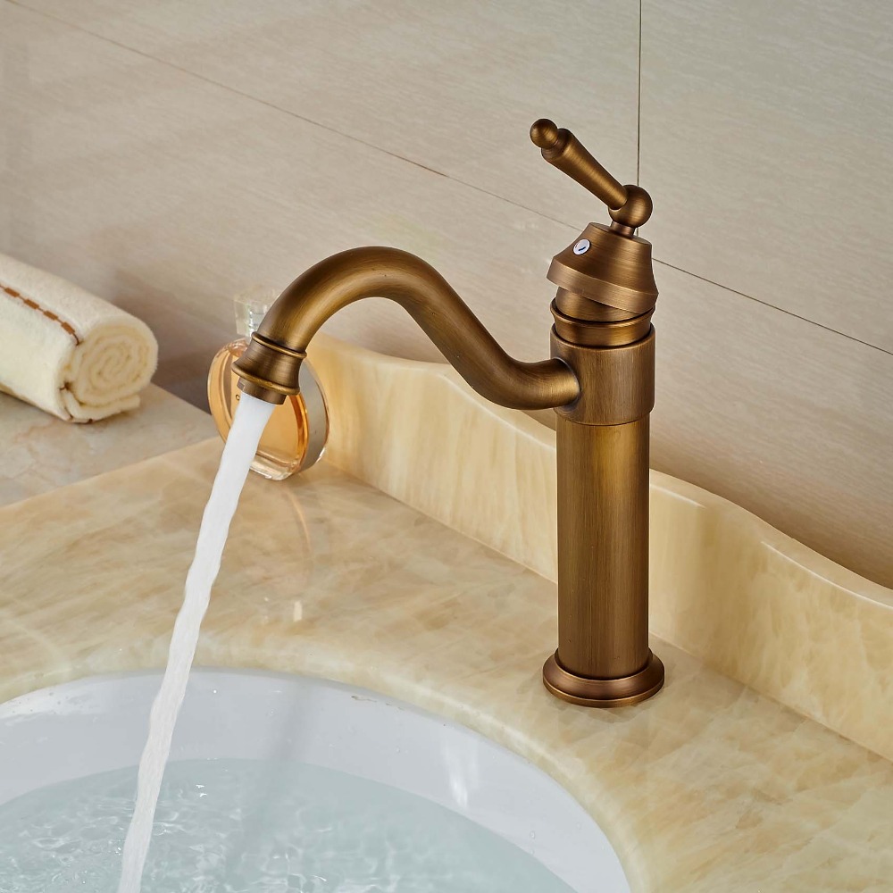 Basin Vessel Sink Faucet Deck Mount Hot Cold Bathroom Mixer Tap Antique Brass Single Lever