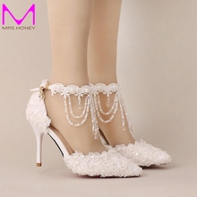 New Summer White Pearl Crystal Lace Bridal Shoes Beautiful Ankle Strap Wedding Shoes White And Red Color Pointed Toe Prom Shoes