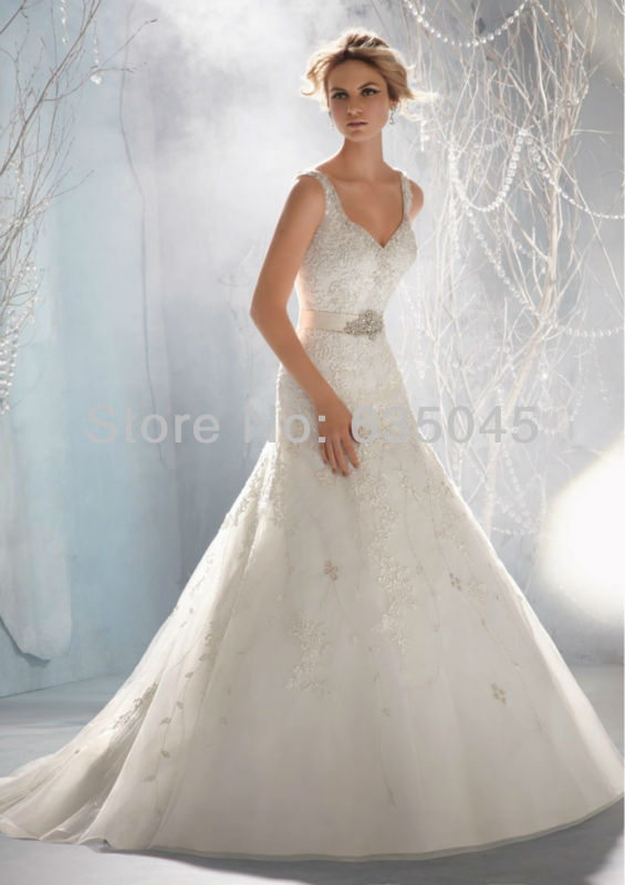Bridal Dress Custom Made Ivory White Satin Applique Crystal Beading V Neck A Line Lace Wedding