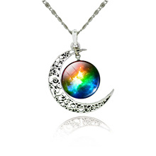 1 Pcs Hollow Moon Glass Galaxy Statement Necklaces Silver Chain Pendants 2016 New Fashion Jewelry Collares