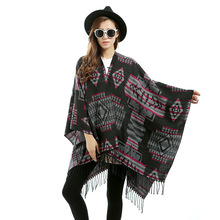 Plus Size Women Vintage Geometry Batwing Cardigan Fashion Poncho Long Loose Knitted Sweater 2015 Autumn Shawl Style Capes