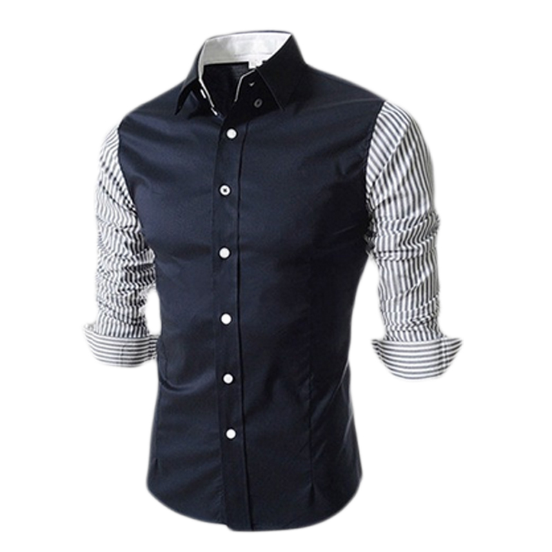 2015 New Arrival Summer Style Men Shirt Fashion Patchwork Striped Long Sleeve Slim Fit Shirt For