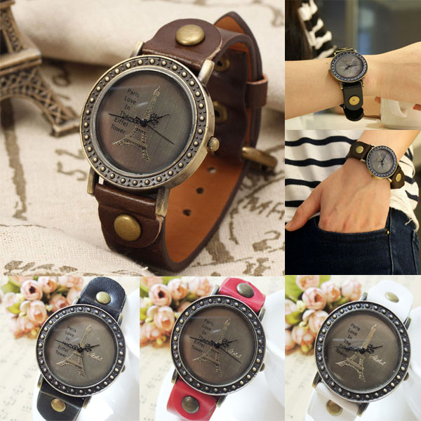 Wholesale Retro Paris Eiffel Tower Analog Round Dial Wrist Watch PU Leather Band Wristwatch for Men