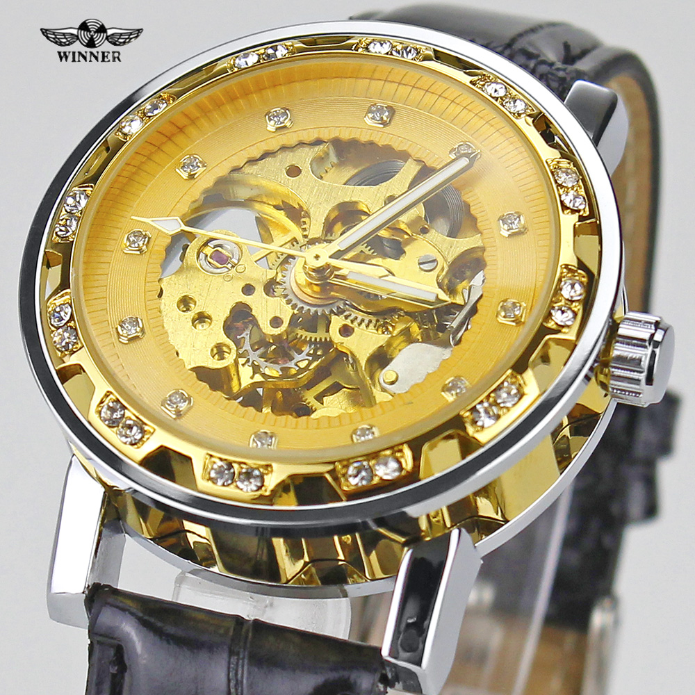 Relogio Masculino Winner Royal Diamond Design Black Gold Watch Montre Homme Women Watches Brand Luxury Skeleton