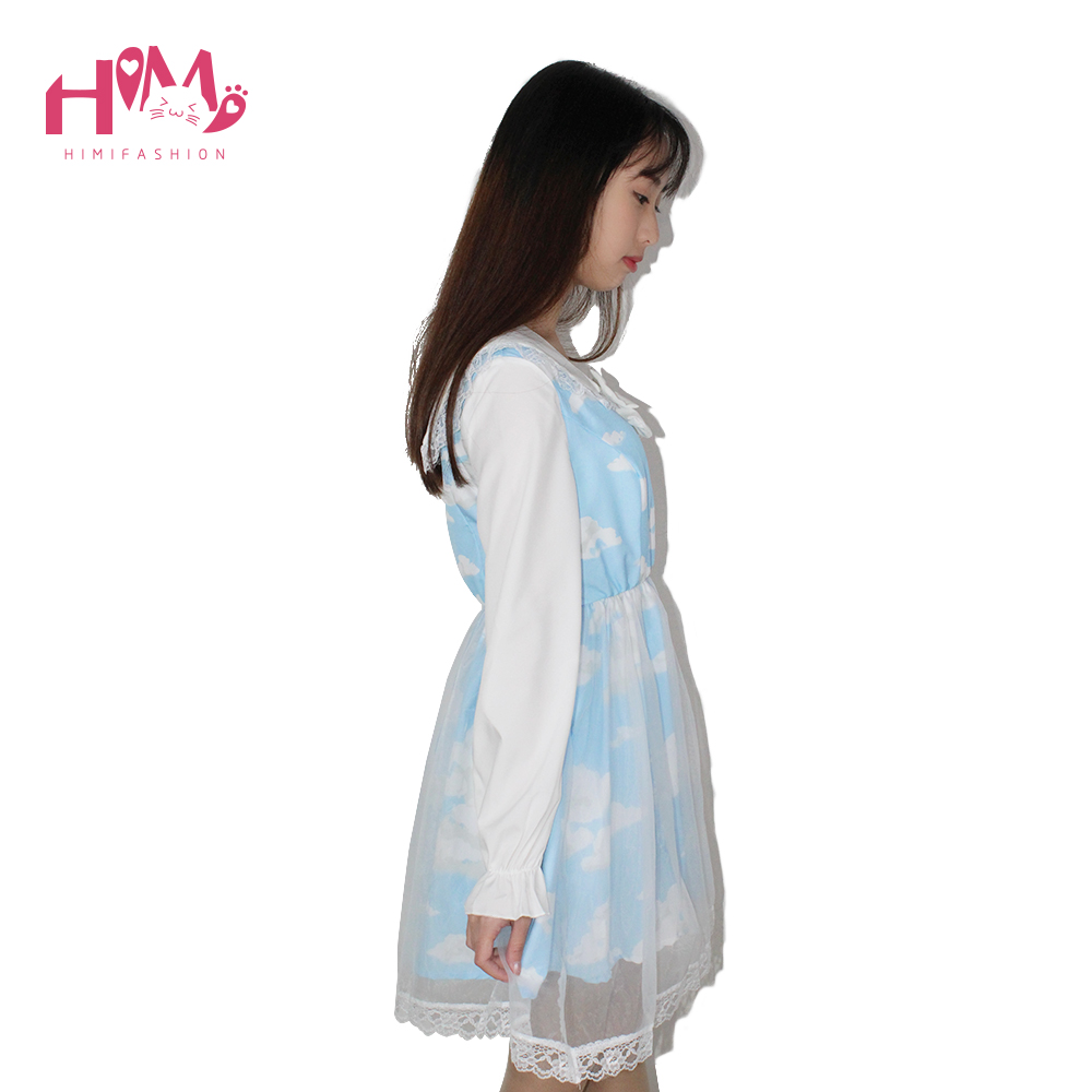 Lolita Dress Casual Cloud Prints Sky Blue Sailor Collar Short Or Long Sleeves Organza Sailor Dress Harajuku Cosplay Veil Dresses (5)