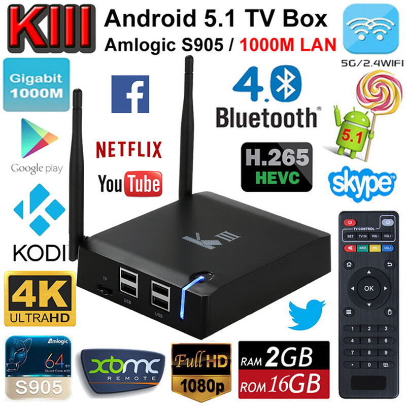 KIII Android TV Box 2G/16G S905 Updated KODI Quad-Core XBMC 4K 3D Dual WiFi LAN1000M DLNA Airplay Miracast Android 5.1.1 tv box