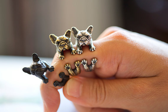 ONE PIECE Hot Sale Animal Handmade French bulldog ring Wrap Ring cute golden silver black Fashion