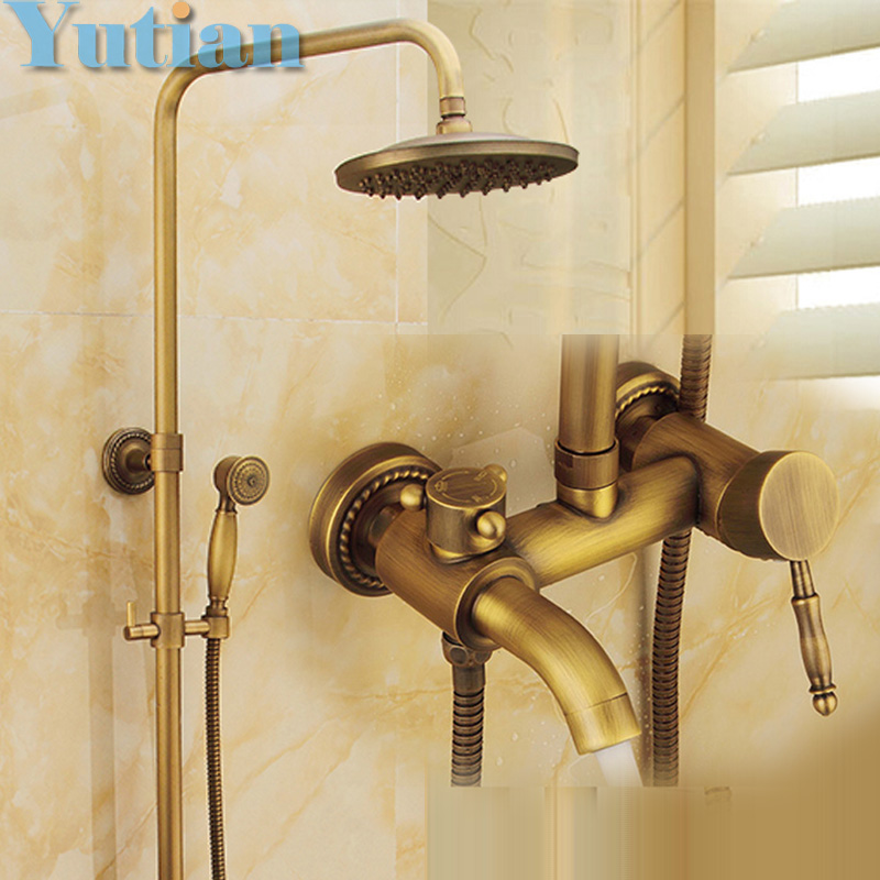 Wall Mounted Mixer Valve Rainfall Antique Brass Shower Faucet Complete Sets + 8