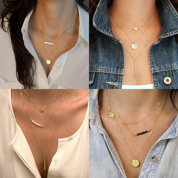 Hot Fashion Gold Plated Fatima Hand 3 Layer Chain Bar Necklace Beads and Long Strip Pendant