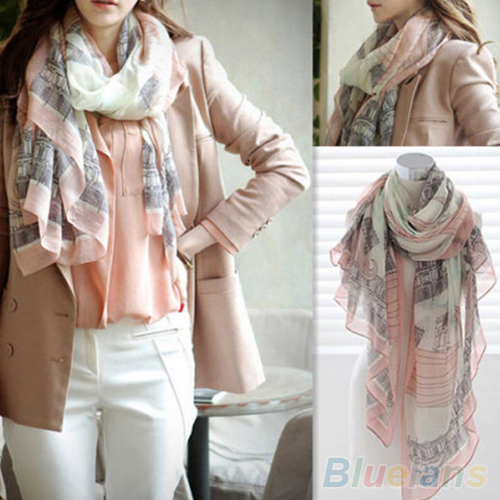 Voile Soft Long Scarf Women Eiffel Tower Printed Wrap Shawl Stole Scarves 1T1O