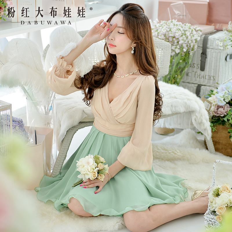 Poly long sleeved dress pink doll 2015 new spring female significantly thinner spell Chiffon Dress temperament