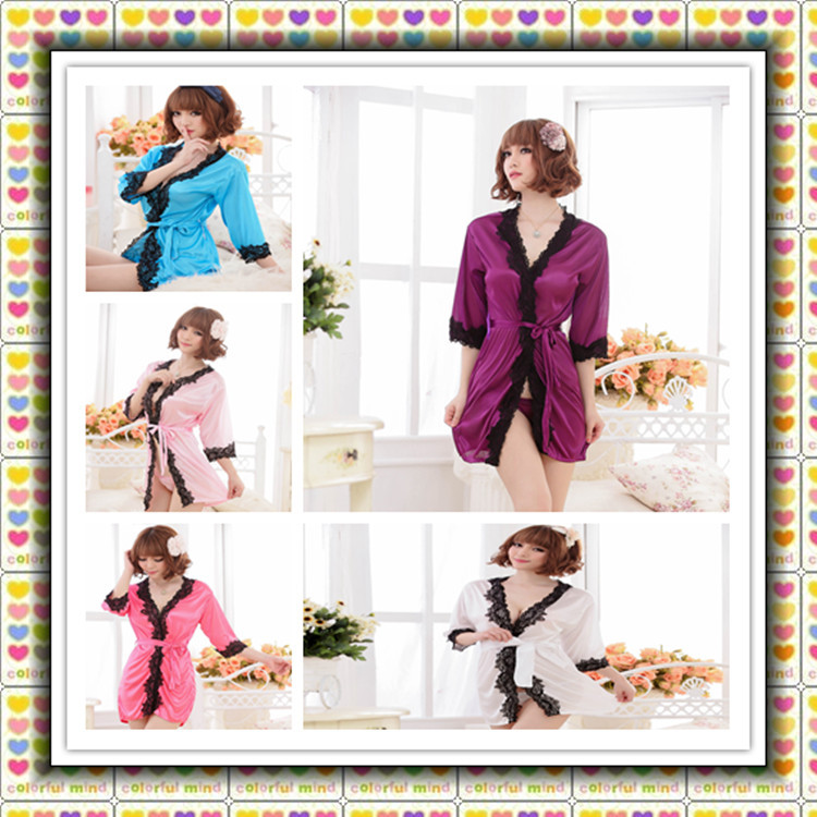 Sexy Satin Lace Long Sleeve Lingerie Dress Costume Baby Doll Fun Pajamas Free Shipping robe women