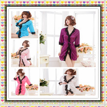 Sexy Satin Lace Long Sleeve Lingerie Dress Costume Baby Doll Fun Pajamas Free Shipping robe women
