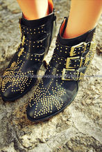 Studs Boots Winter Booties Boots 7 Colors Golden Cowboy Womens Rock Shoes Studded Leather Buckle Ankle Boots Thick Heeled Boots
