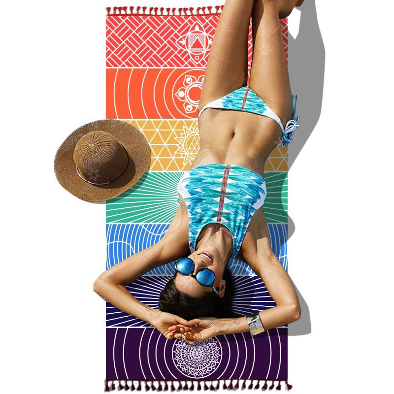 Description Picture 5 of itemPolyester Bohemia Wall Hanging India Mandala Blanket 7Chakra Colored Tapestry Rainbow Stripes Travel Summer Beach Yoga Mat