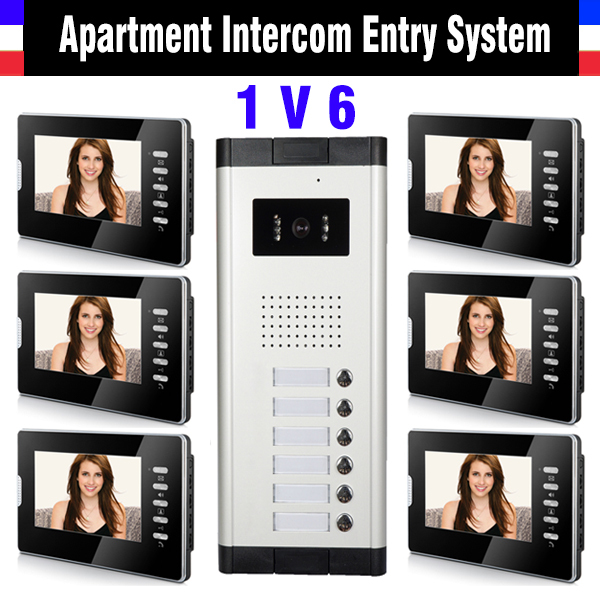 6 Units Apartment Intercom System 7 Inch Monitor Video Intercom Doorbell Door Phone Intercom Video Door Camera kits