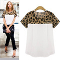 Woman blouses Summer Chiffon clothing Leopard Print Patchwork Top Feminina Round Neck Short Sleeve Casual Clothing